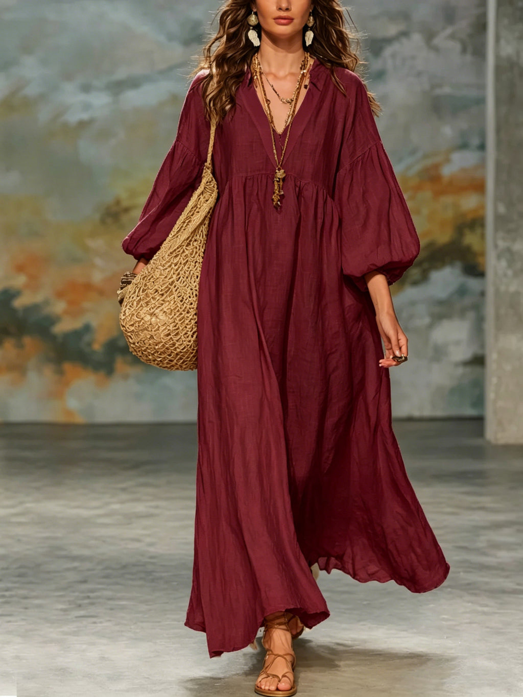 Deep-V Lantern-Sleeve Loose-Fit Flared Dress for Women