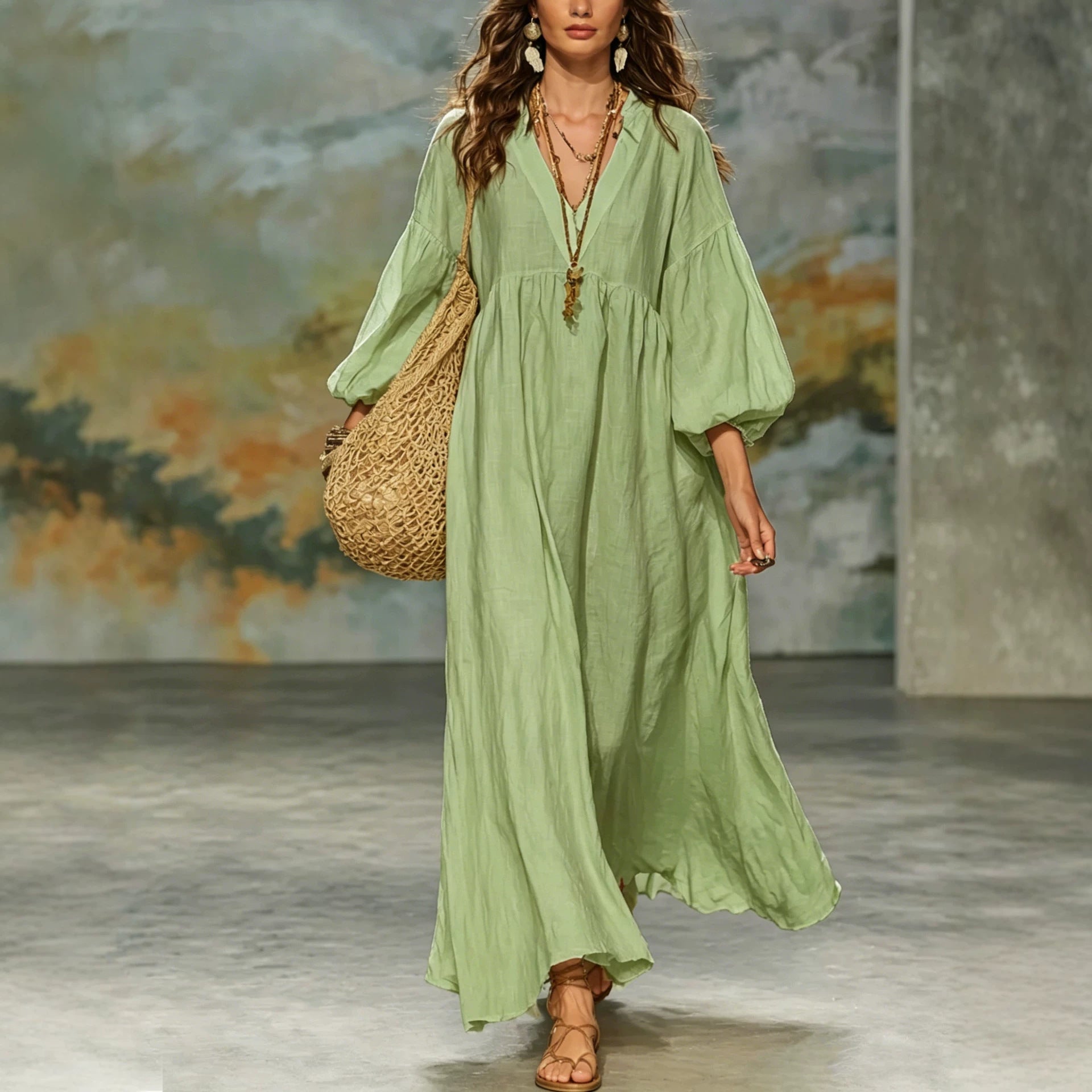 Deep-V Lantern-Sleeve Loose-Fit Flared Dress for Women