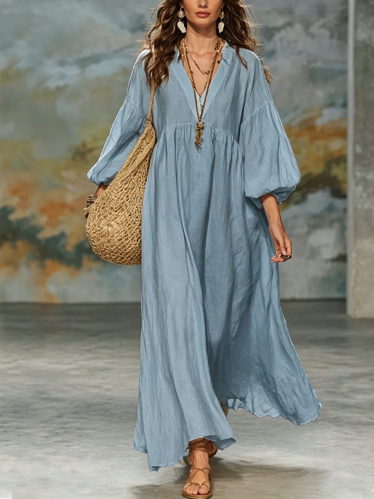 Deep-V Lantern-Sleeve Loose-Fit Flared Dress for Women