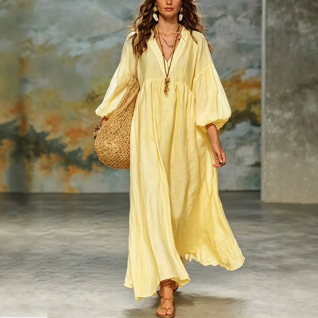 Deep-V Lantern-Sleeve Loose-Fit Flared Dress for Women