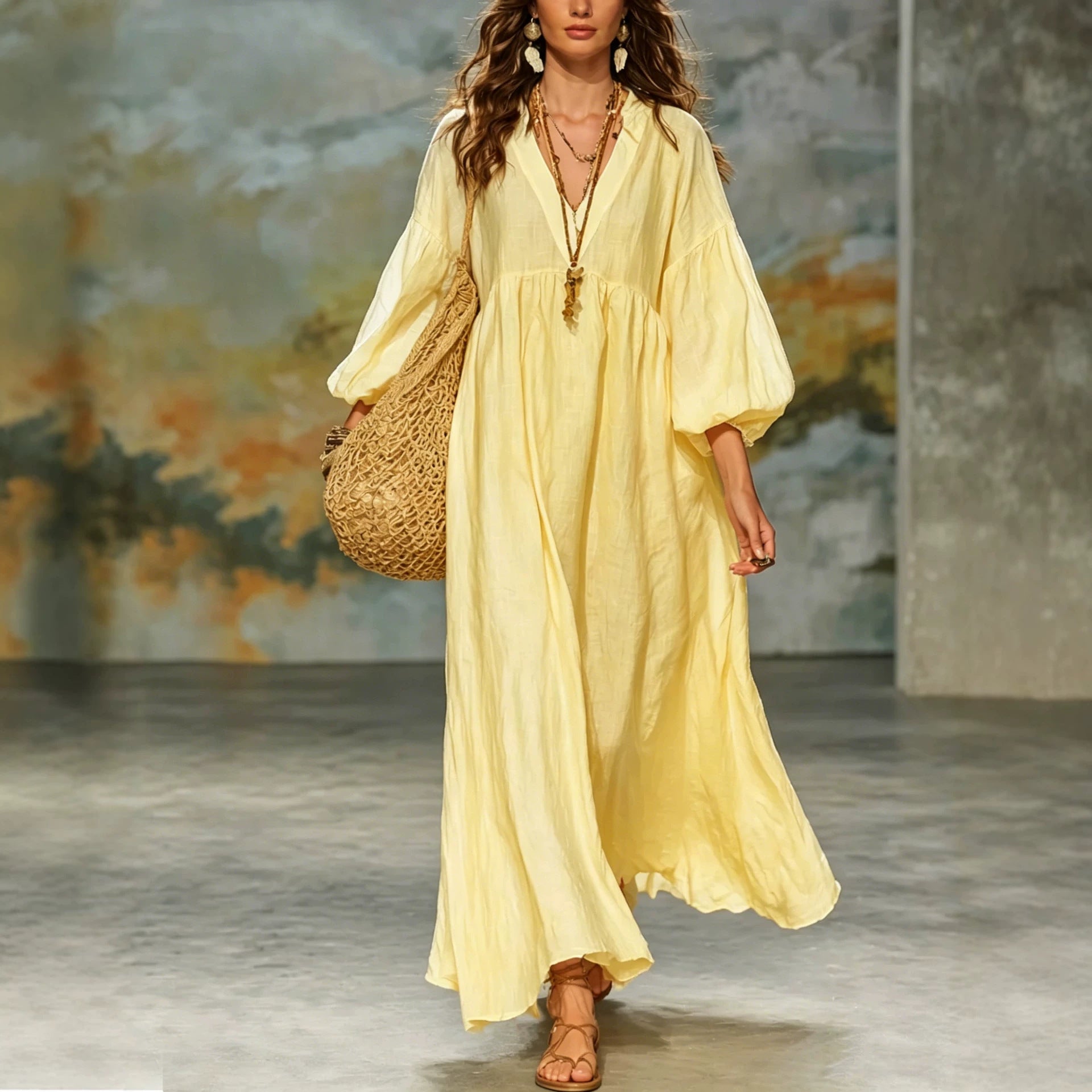 Deep-V Lantern-Sleeve Loose-Fit Flared Dress for Women