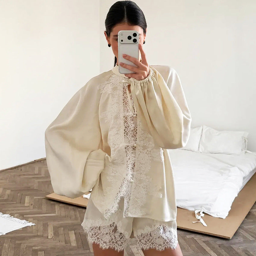 Off-white Ice-silk Satin Lace-trimmed Tie-front Pajama Set
