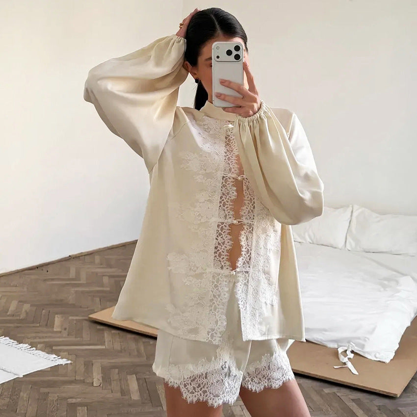 Off-white Ice-silk Satin Lace-trimmed Tie-front Pajama Set