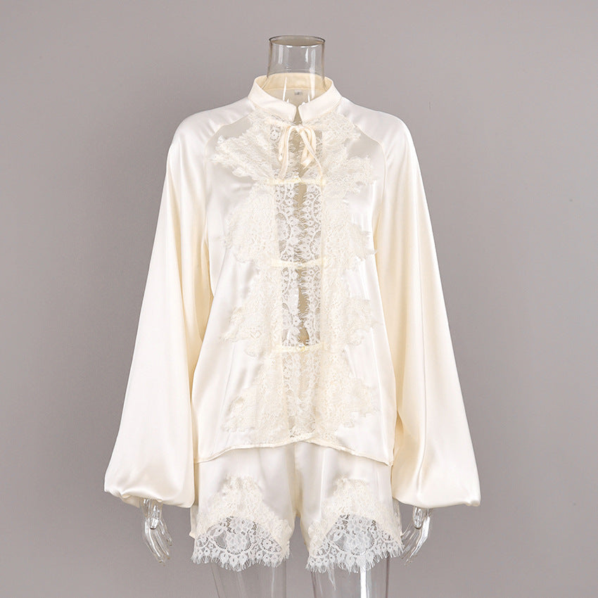 Off-white Ice-silk Satin Lace-trimmed Tie-front Pajama Set
