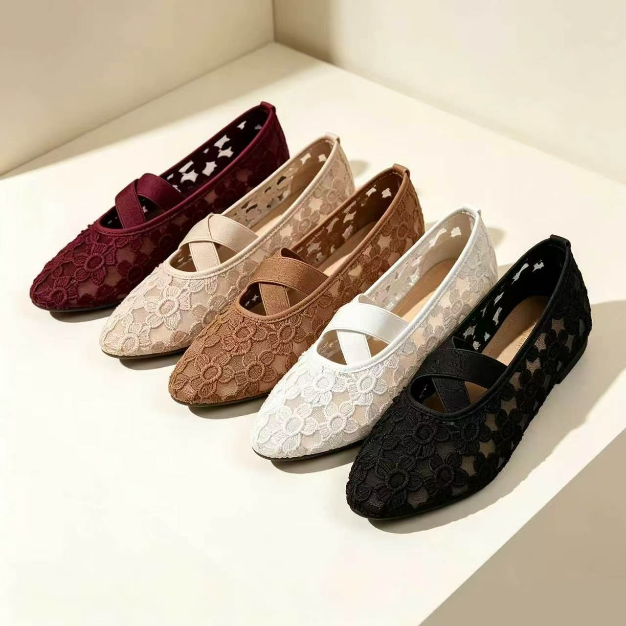 Womens Hollowed-Out Lace Mesh Embroidered Flat Shoes