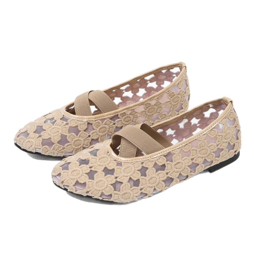 Womens Hollowed-Out Lace Mesh Embroidered Flat Shoes