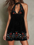 Retro-style Sexy Resort Halter-neck Embroidered Mini Dress