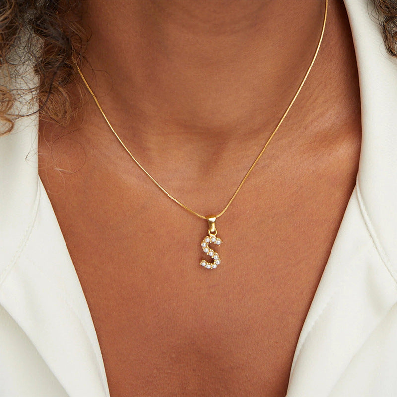 18K Gold Pearl 26-Letter Necklace for Women