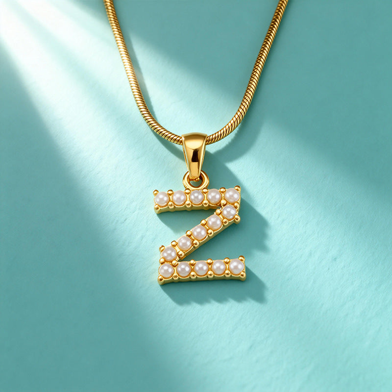 18K Gold Pearl 26-Letter Necklace for Women