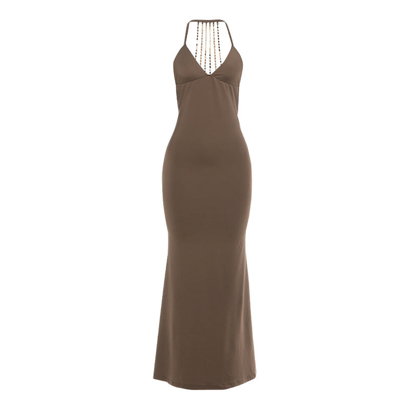 Womens Sexy V-Neck Backless Chain-Trimmed Bodycon Dress