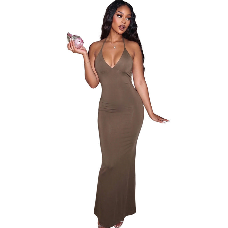 Womens Sexy V-Neck Backless Chain-Trimmed Bodycon Dress