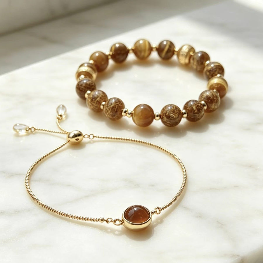 Womens Round Natural Stone and Metal Bracelet for Style