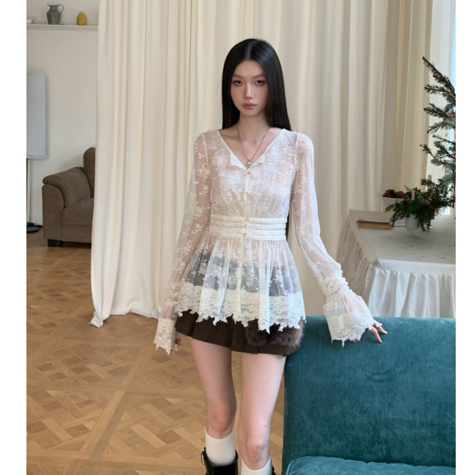 Fitted-waist Long-sleeve Blouse for Women - Trendy Waist Chain Style