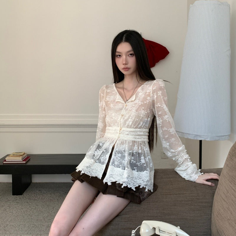 Fitted-waist Long-sleeve Blouse for Women - Trendy Waist Chain Style