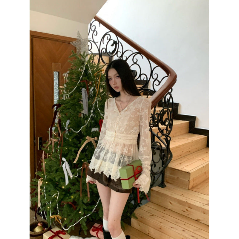 Fitted-waist Long-sleeve Blouse for Women - Trendy Waist Chain Style