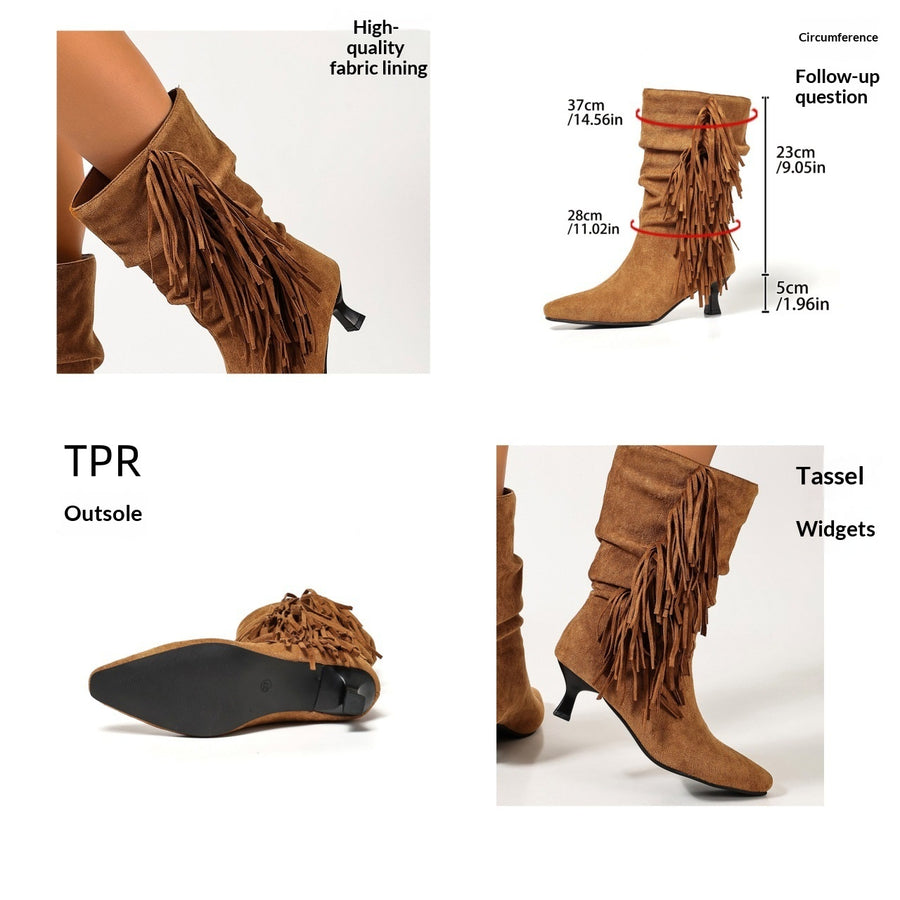 European and American-style Fringed Mid-calf Boots for Women