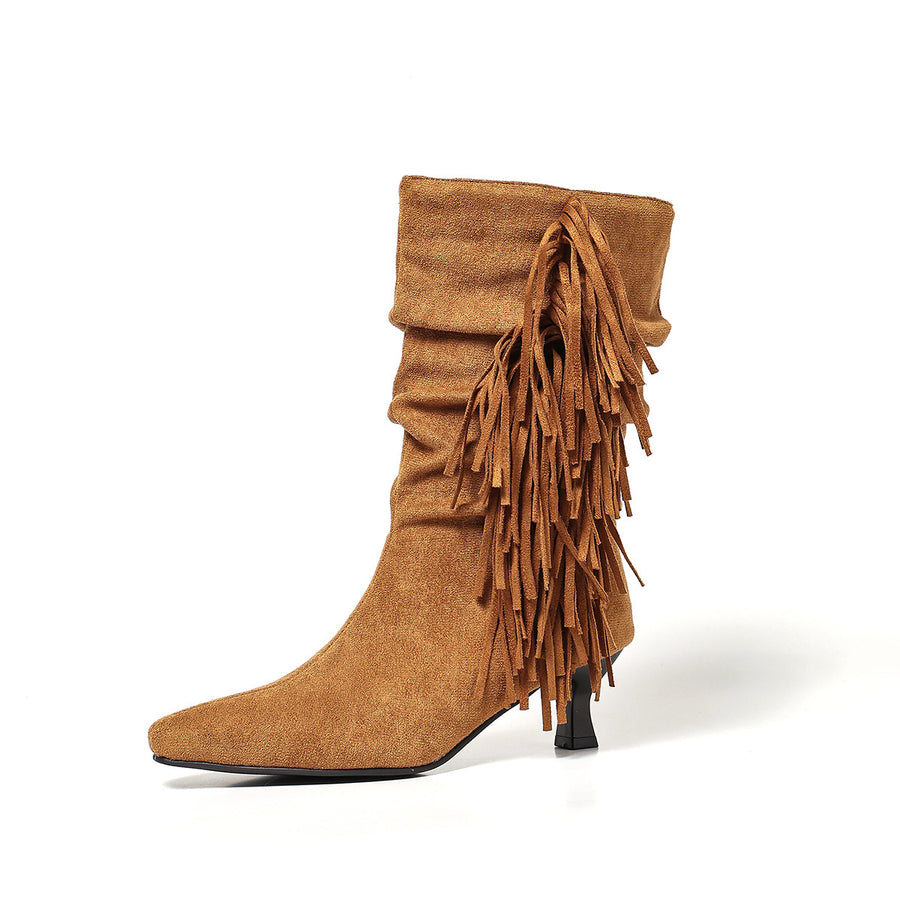 European and American-style Fringed Mid-calf Boots for Women