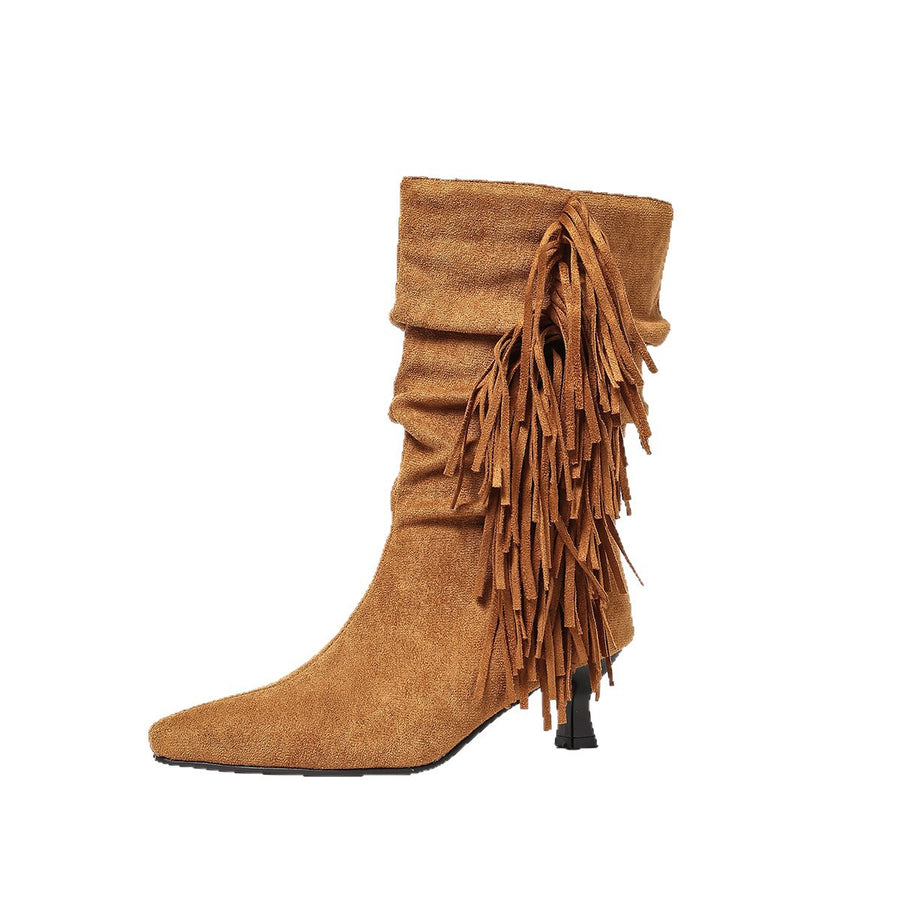 European and American-style Fringed Mid-calf Boots for Women