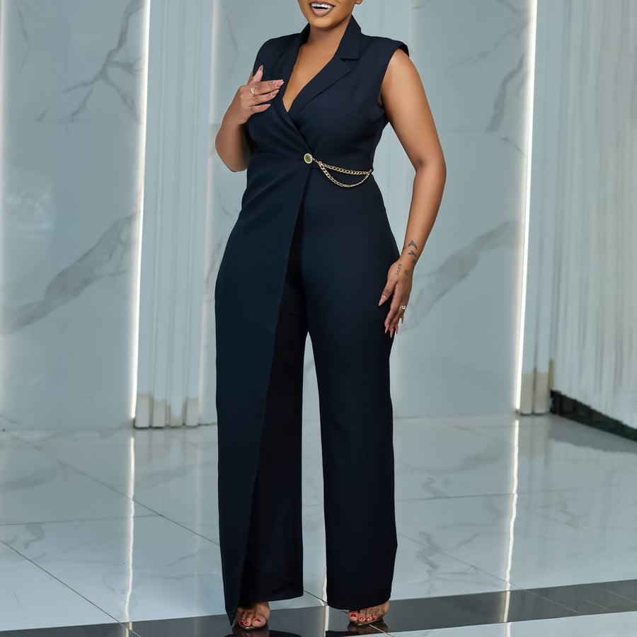 Chic Sleeveless Blazer-Collar Jumpsuit with Collar Necklace