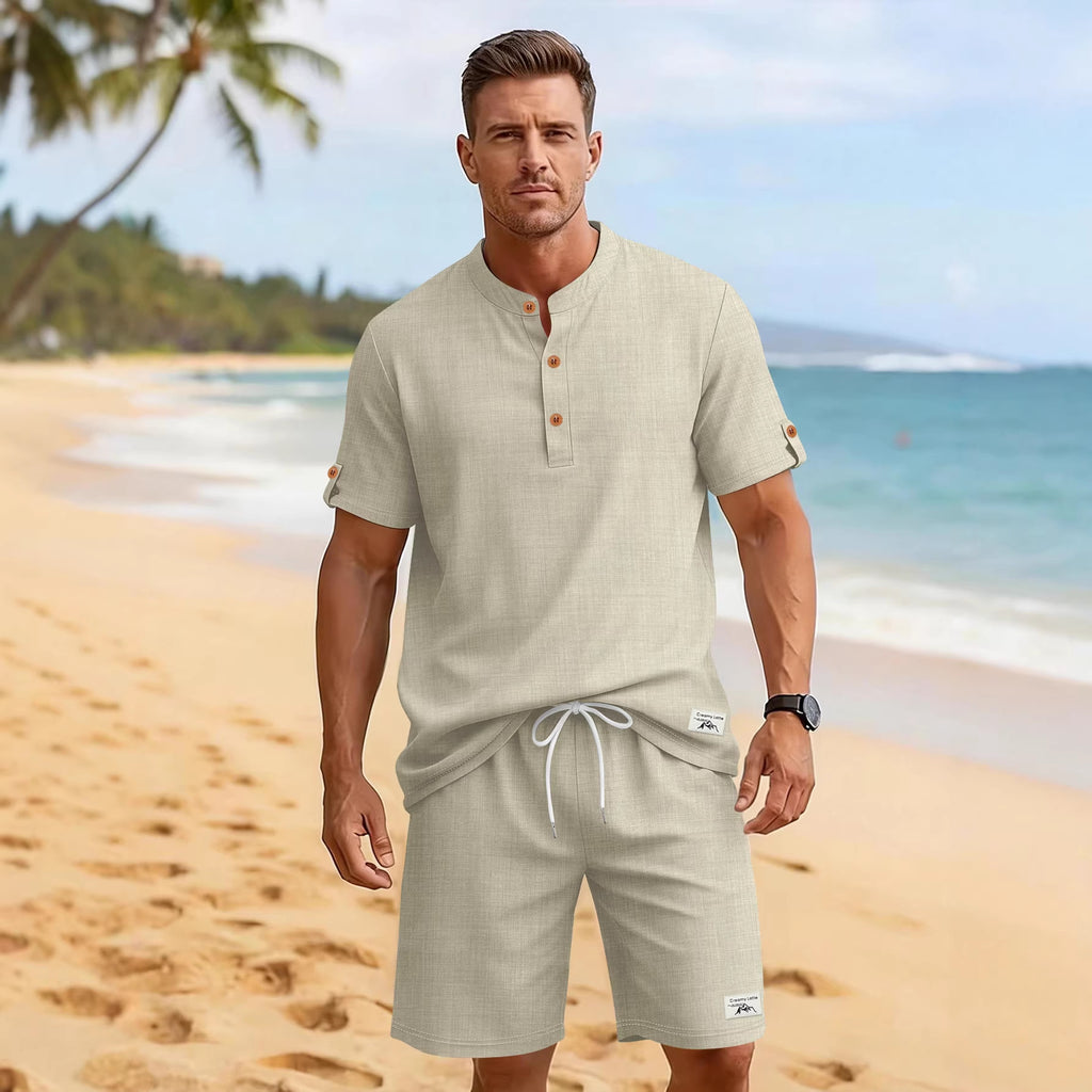 Mens Casual Henley Shirt and Shorts Sports Set