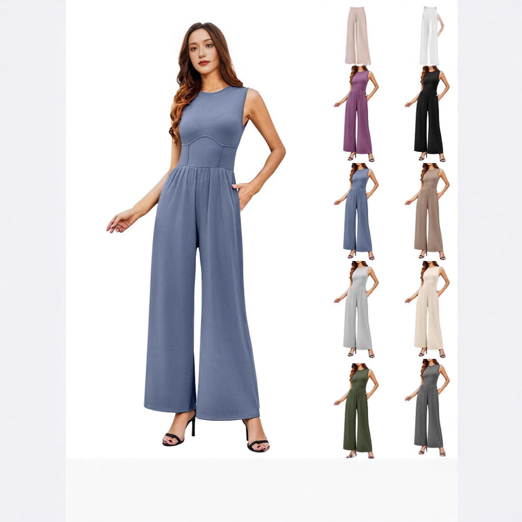 Womens Round-neck Solid-color Sleeveless Slim-fit Jumpsuit