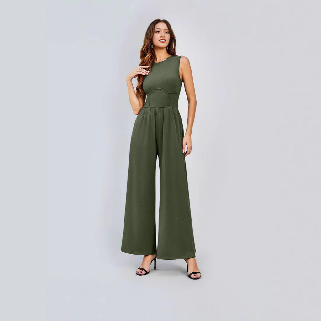 Womens Round-neck Solid-color Sleeveless Slim-fit Jumpsuit