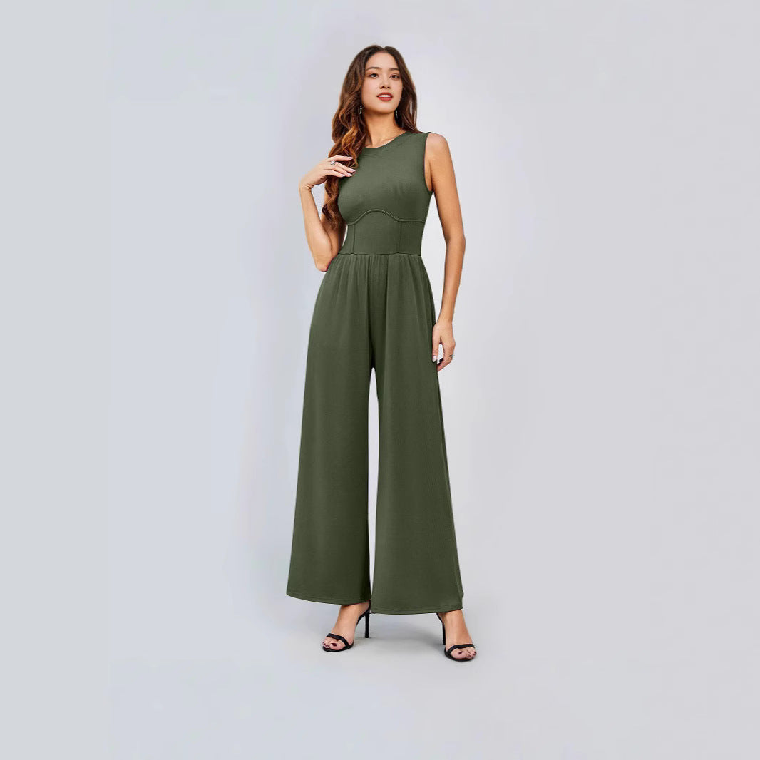 Womens Round-neck Solid-color Sleeveless Slim-fit Jumpsuit