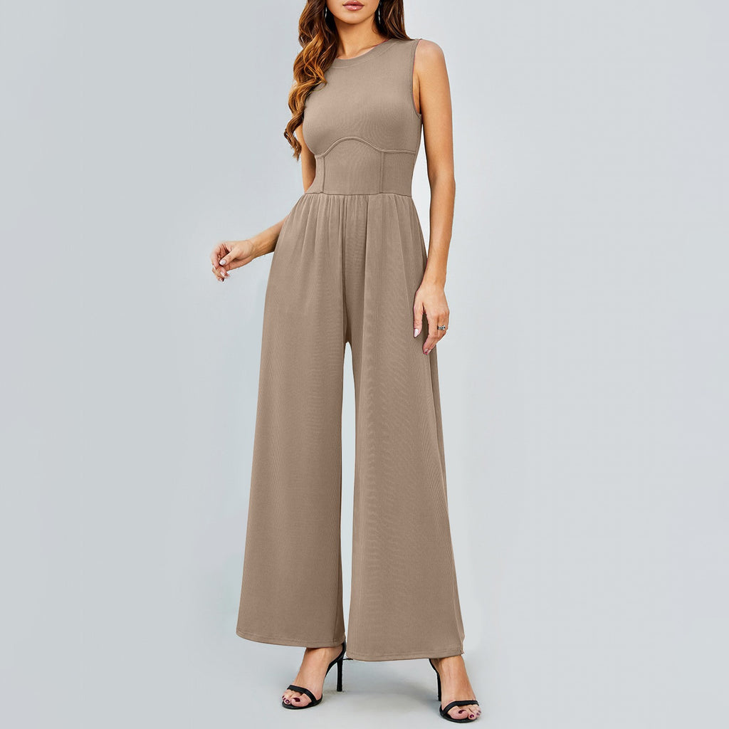 Womens Round-neck Solid-color Sleeveless Slim-fit Jumpsuit