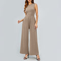 Womens Round-neck Solid-color Sleeveless Slim-fit Jumpsuit