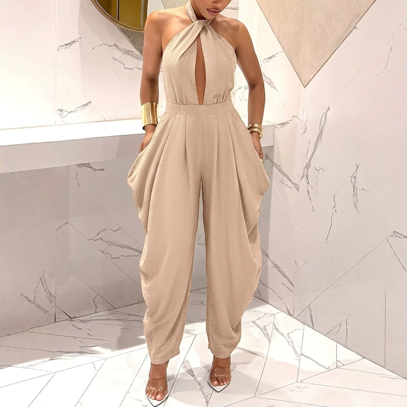 Halter-neck Crossover Backless Jumpsuit with Pleated Wide-leg Harem Pants