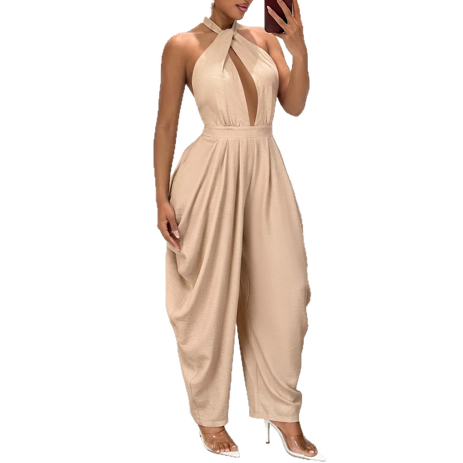 Halter-neck Crossover Backless Jumpsuit with Pleated Wide-leg Harem Pants