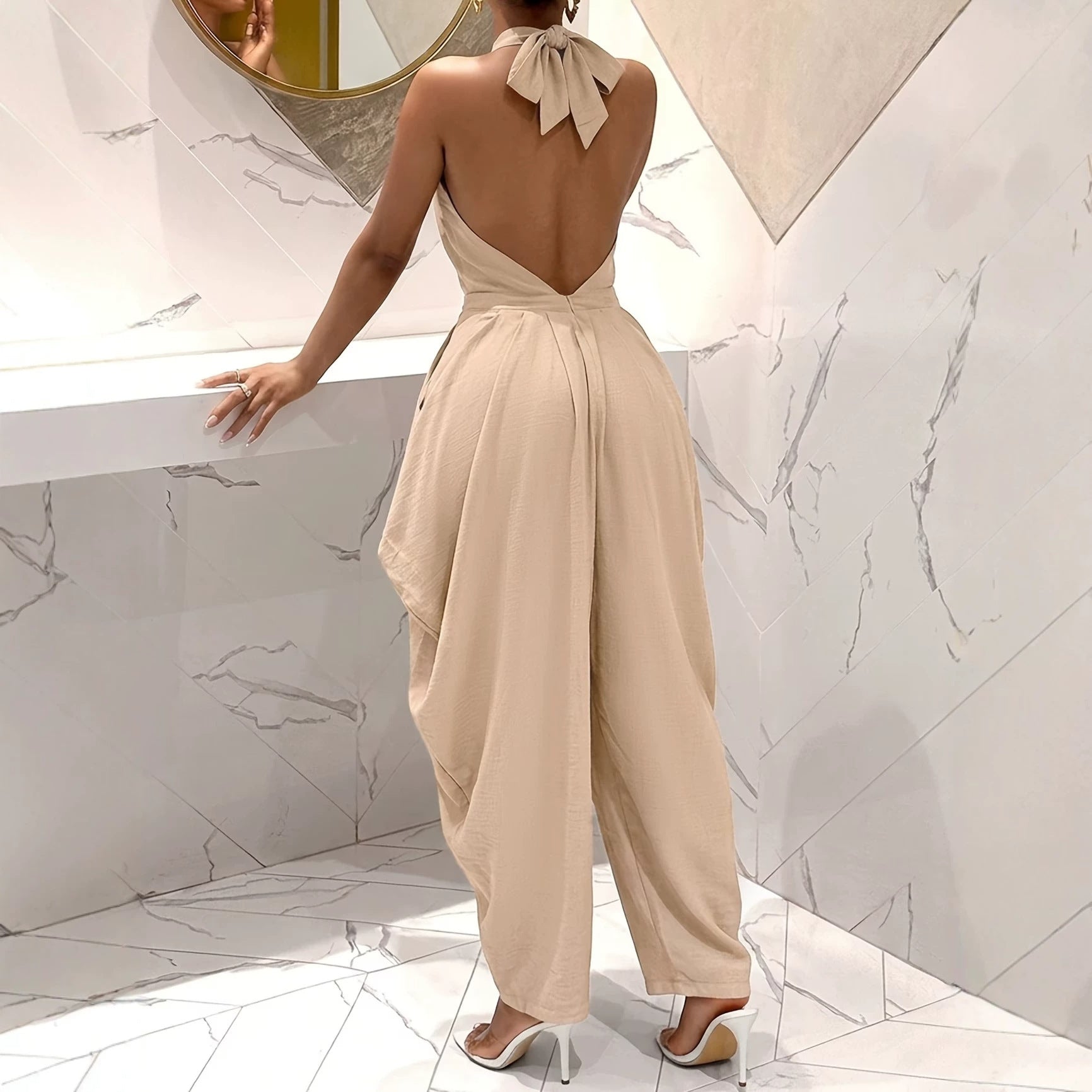 Halter-neck Crossover Backless Jumpsuit with Pleated Wide-leg Harem Pants