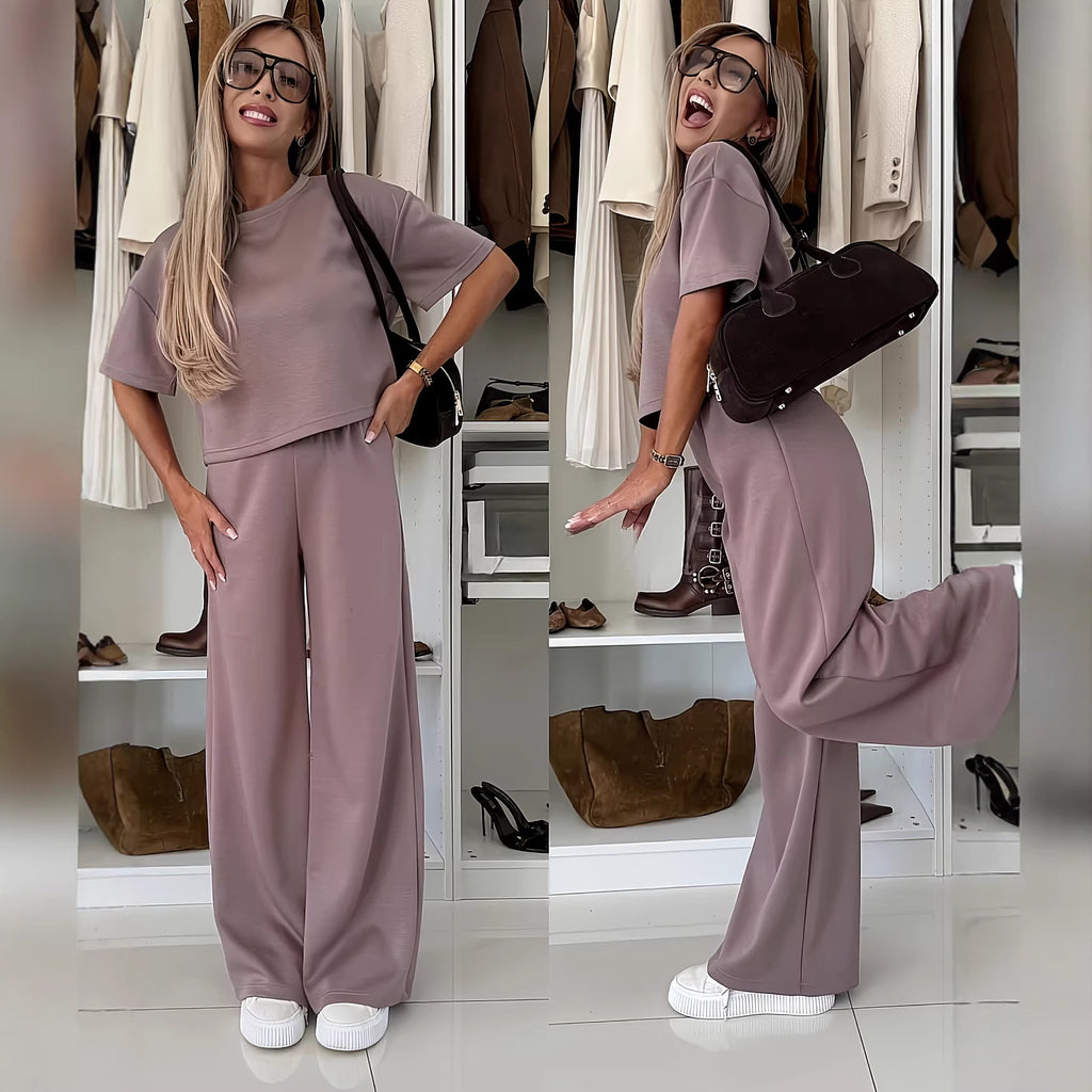 Rose Pink Short-Sleeve Top and Wide-Leg Pants Set