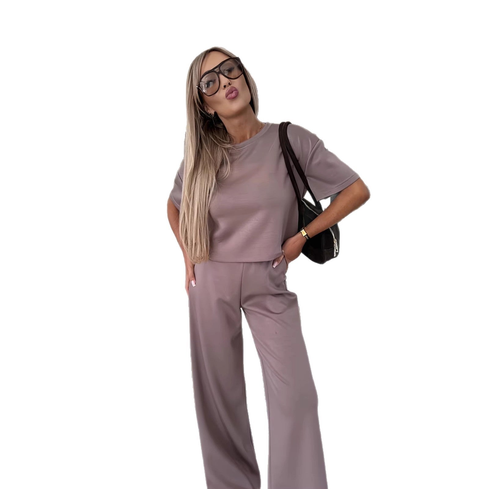 Rose Pink Short-Sleeve Top and Wide-Leg Pants Set