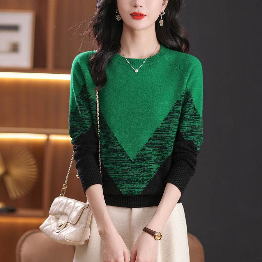 Womens Color-Block Crew-Neck Knitted Sweater - Trendy Style