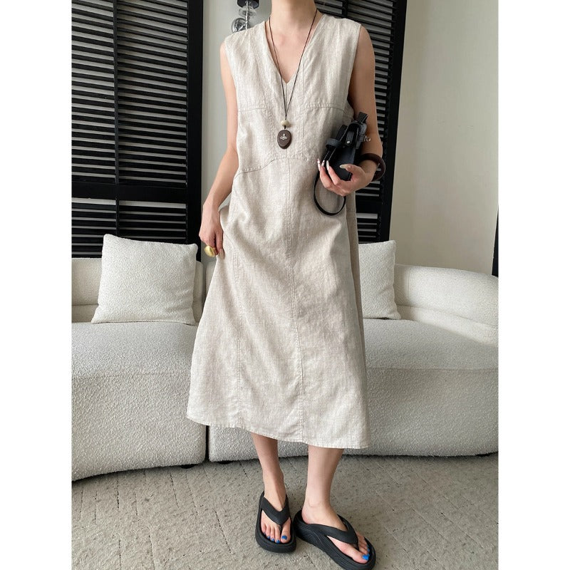 Breathable V-neck Loose-fit Sleeveless Dress for Women