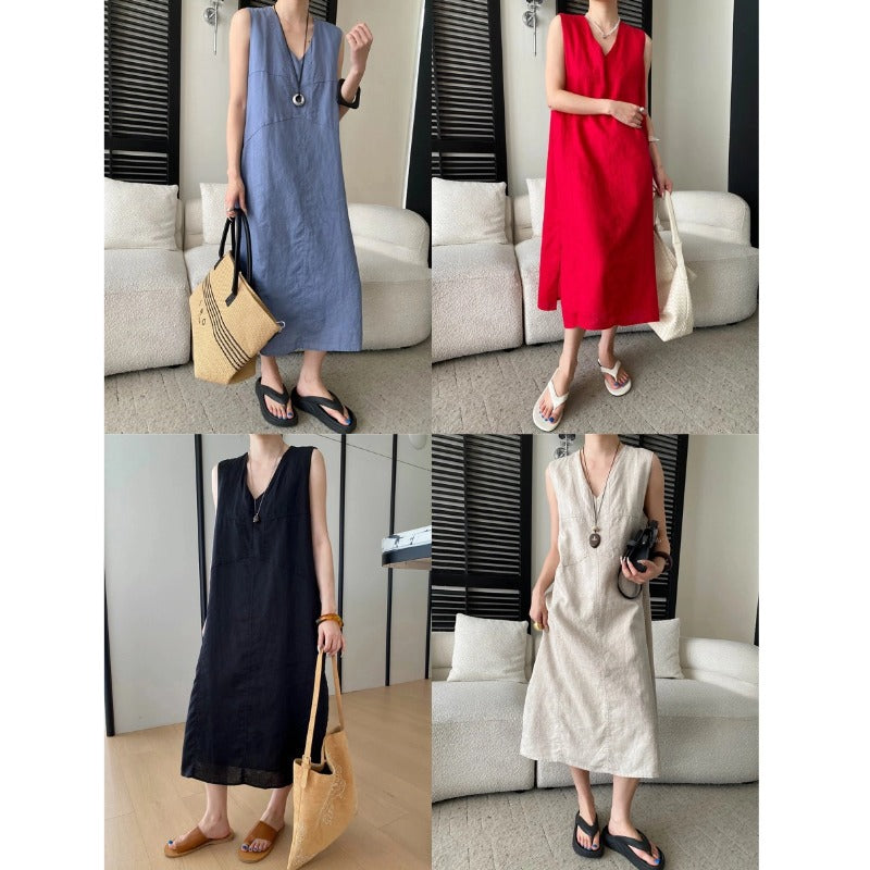 Breathable V-neck Loose-fit Sleeveless Dress for Women