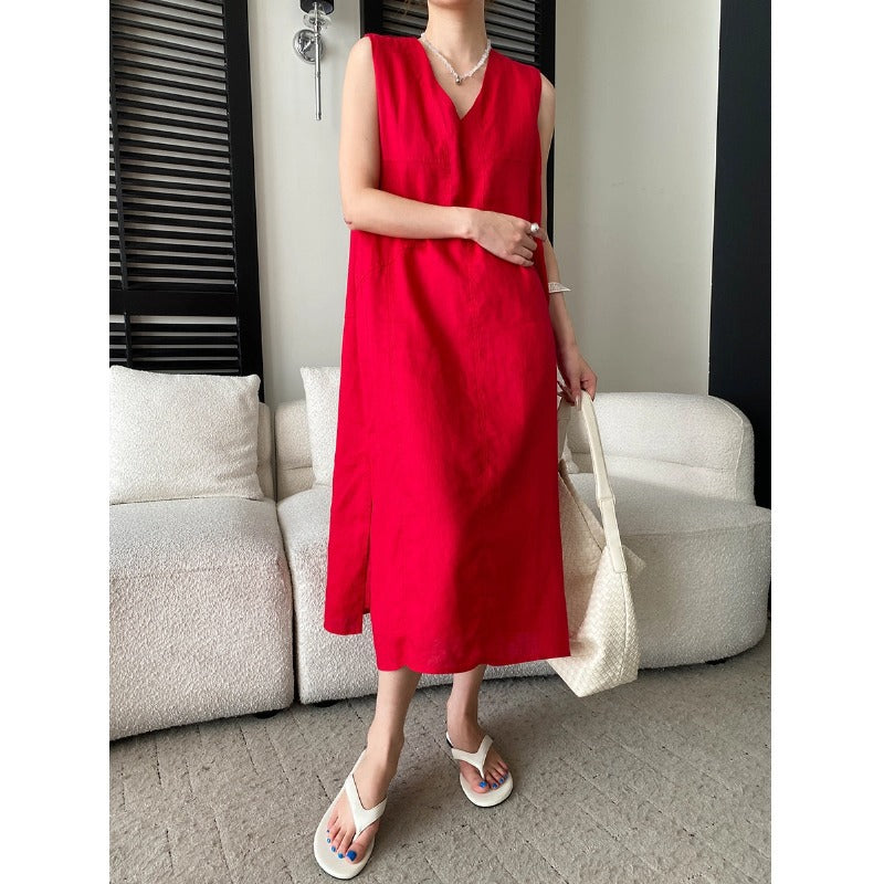 Breathable V-neck Loose-fit Sleeveless Dress for Women