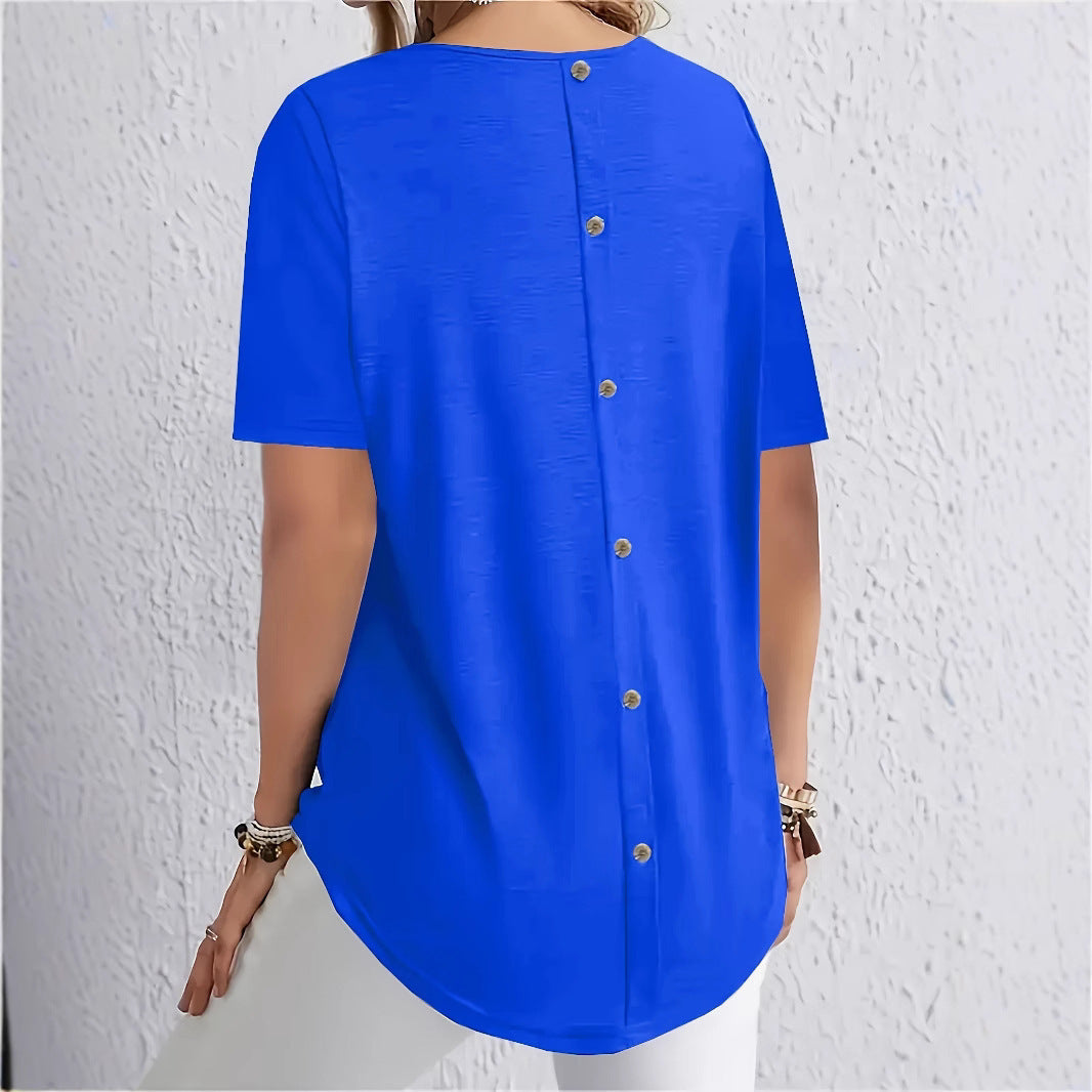 Elegant Back-Button Solid-Color T-Shirt for Women