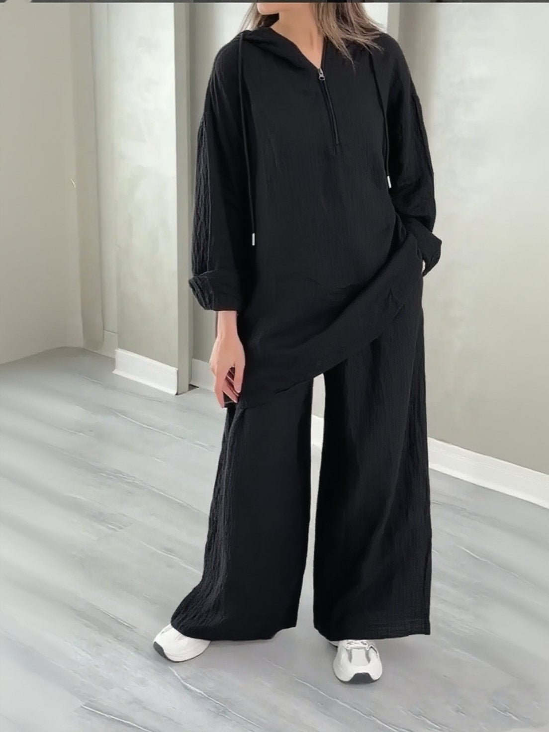 Half-Zip Top and Wide-Leg Pants Set - Trendy Ring Set