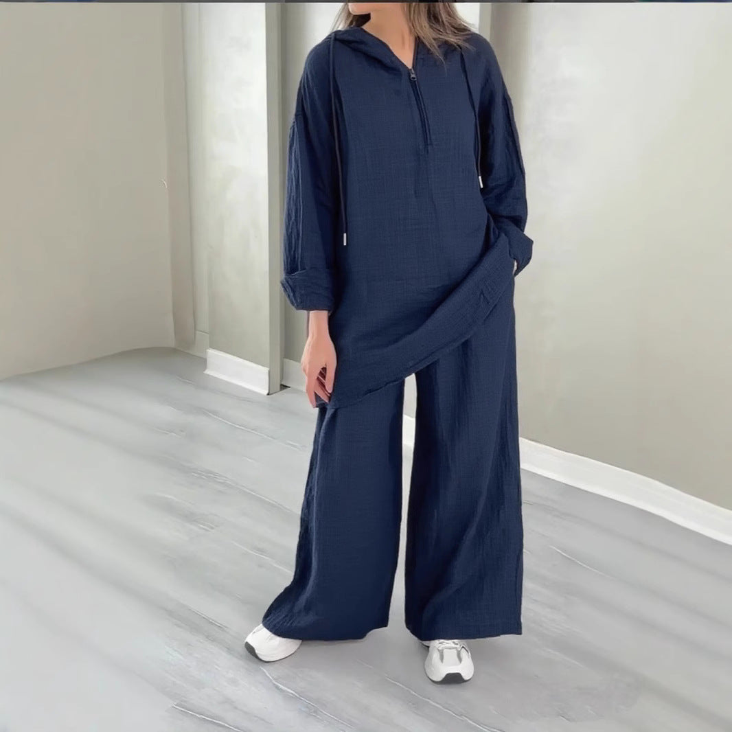 Half-Zip Top and Wide-Leg Pants Set - Trendy Ring Set