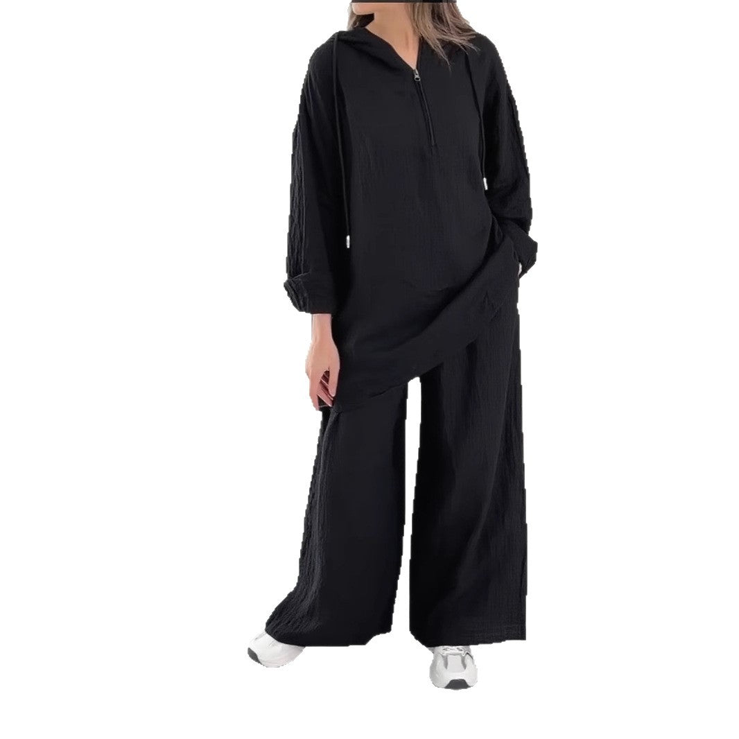 Half-Zip Top and Wide-Leg Pants Set - Trendy Ring Set