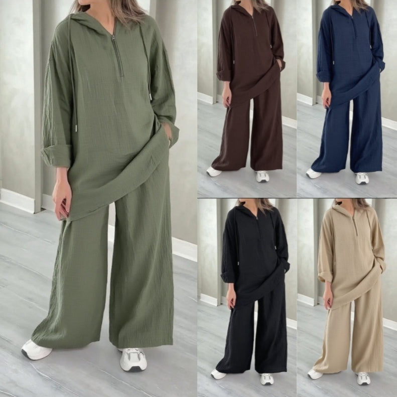 Half-Zip Top and Wide-Leg Pants Set - Trendy Ring Set