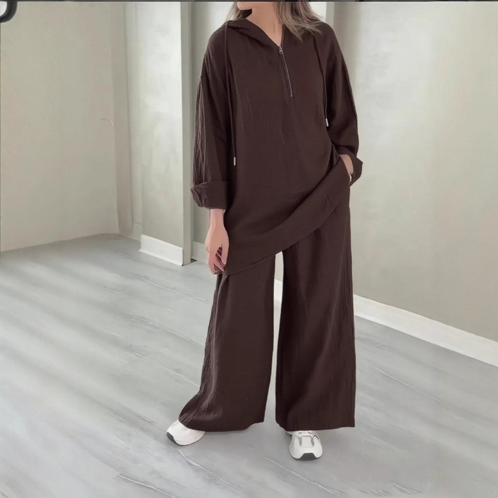 Half-Zip Top and Wide-Leg Pants Set - Trendy Ring Set