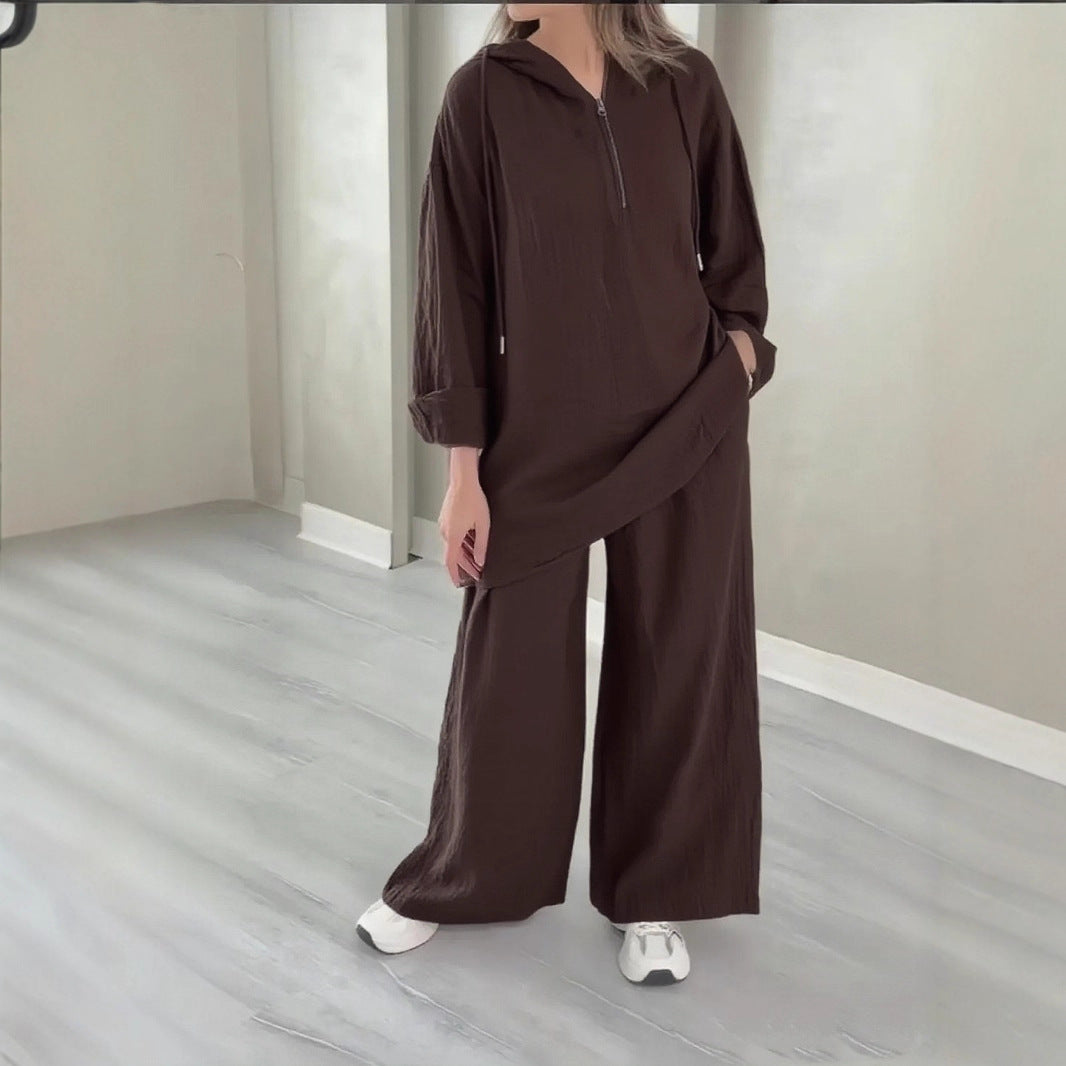 Half-Zip Top and Wide-Leg Pants Set - Trendy Ring Set