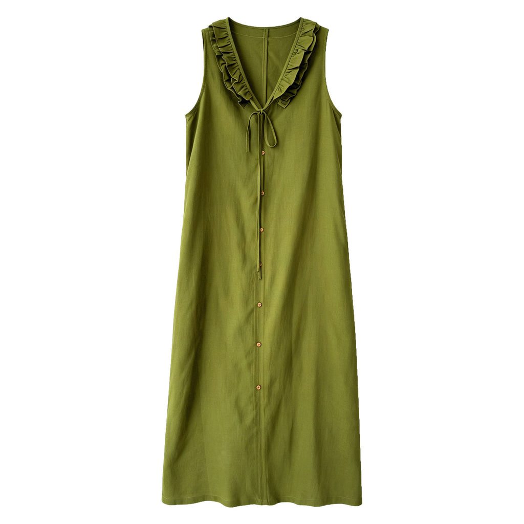 Womens Sleeveless V-Neck Dress With Ruffle Trim