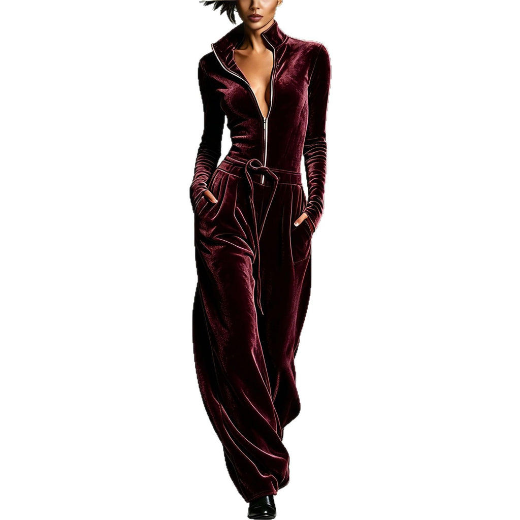 Stand-collar Zip-up Deep-V Velvet Jumpsuit with Collar Necklace