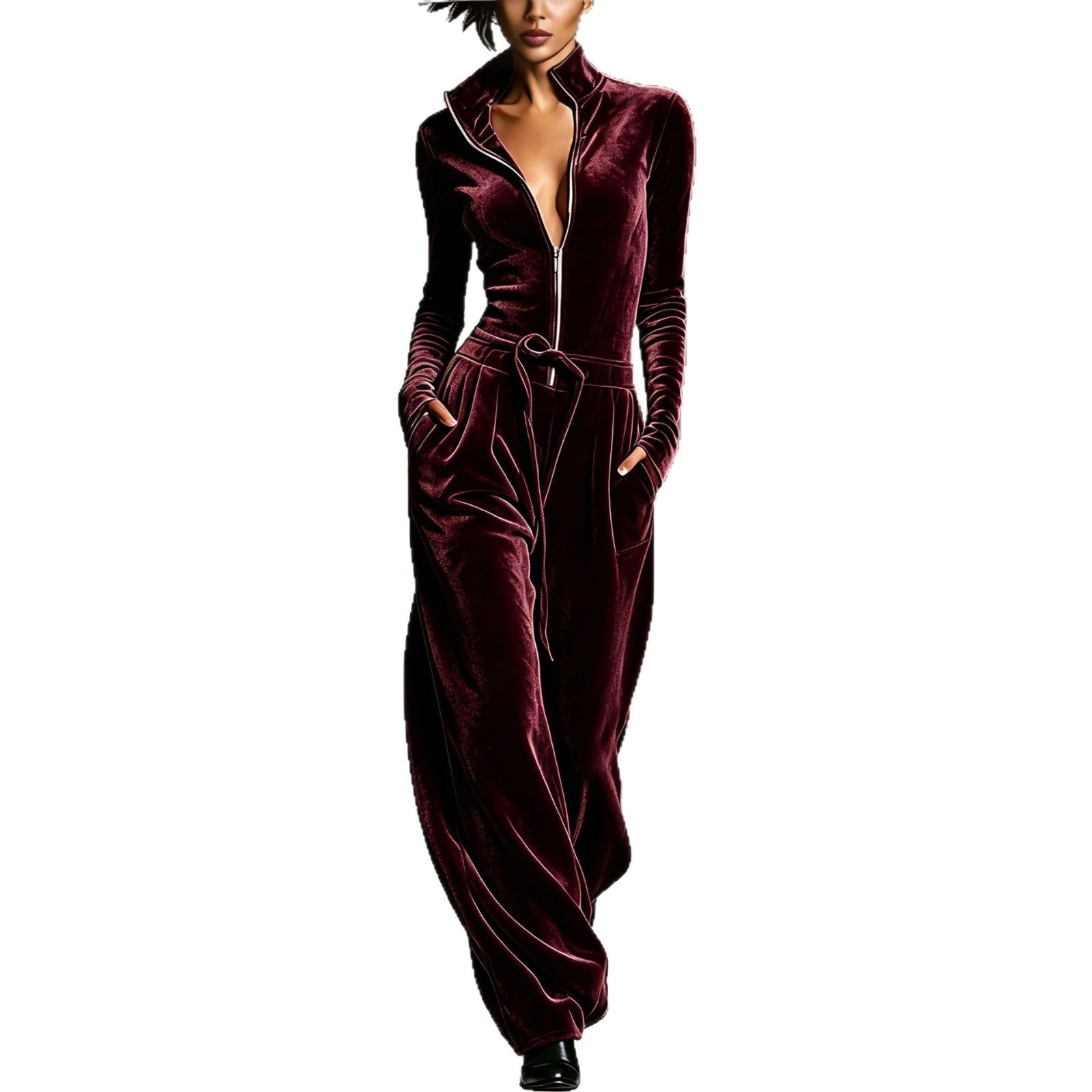 Stand-collar Zip-up Deep-V Velvet Jumpsuit with Collar Necklace