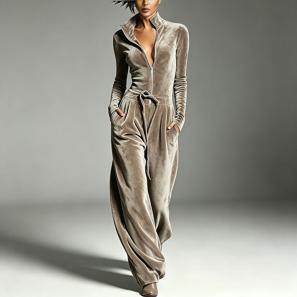 Stand-collar Zip-up Deep-V Velvet Jumpsuit with Collar Necklace