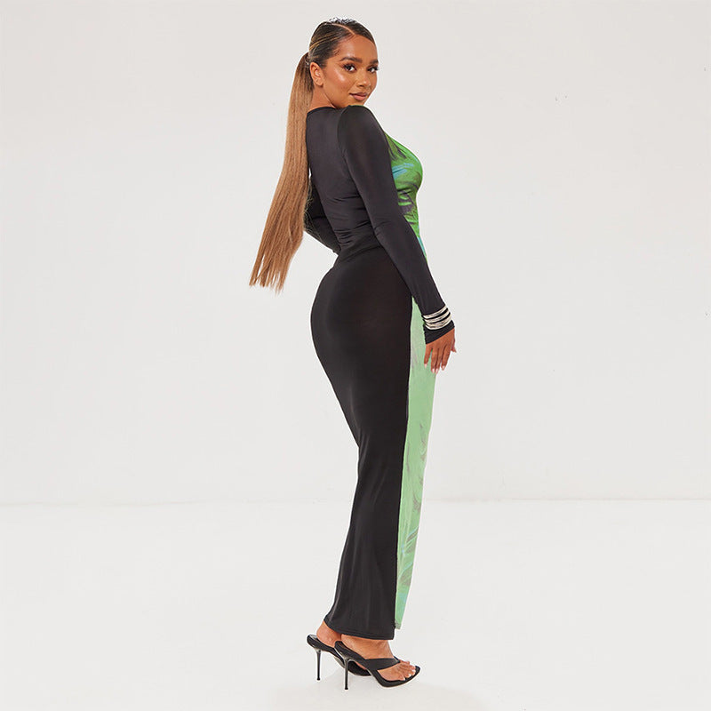 Stylish Round-neck Printed Long-sleeve Waist-cinching Dress